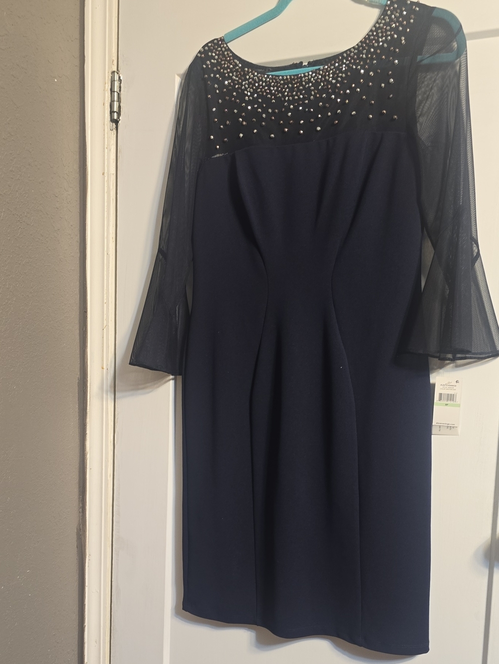 Alex Evenings Navy Sheath Dress with Beaded Illusion Yoke